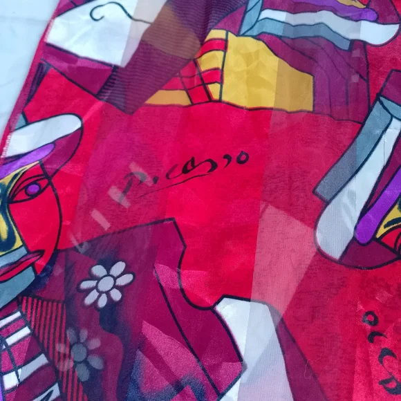 Vintage Picasso Abstract Silk Scarf Red 60x13 Artistic Retro Accessory - Picture 7 of 8